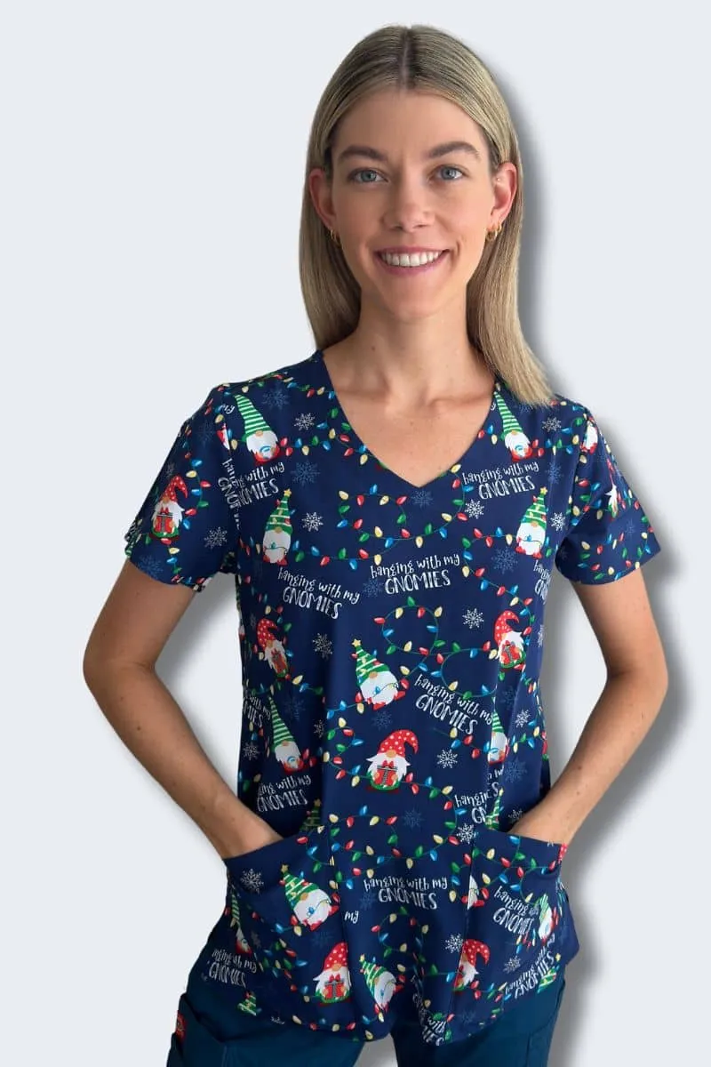 Gnome Alone Christmas Women's Print Scrub Top - Z12213