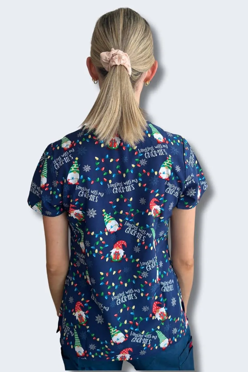 Gnome Alone Christmas Women's Print Scrub Top - Z12213