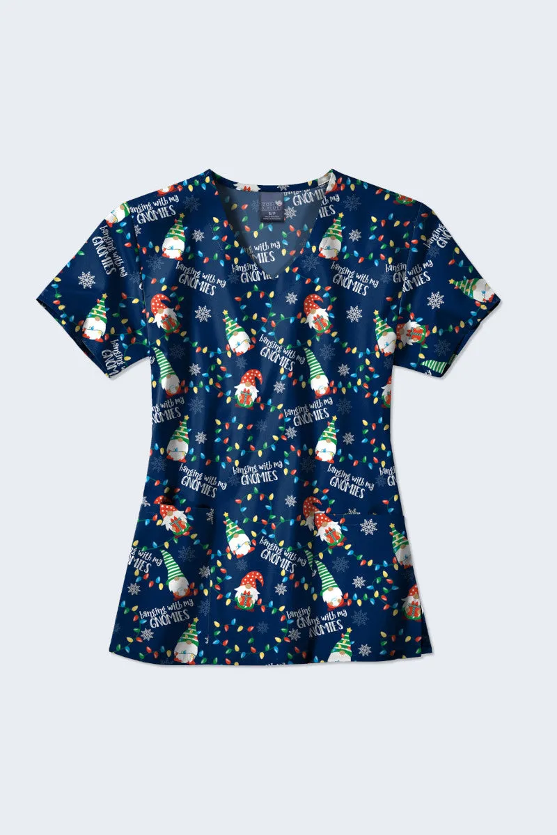 Gnome Alone Christmas Women's Print Scrub Top - Z12213