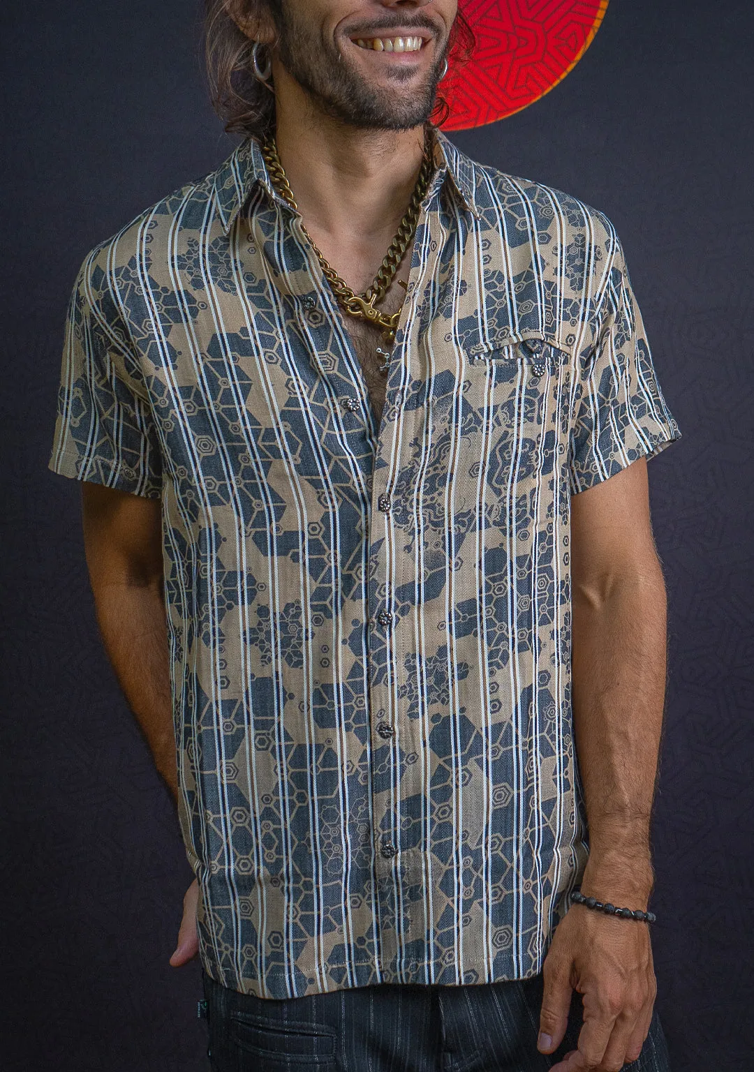 Shirt Men Half Sleeves / Cotton Distemper - Black Cream SHAMANKA