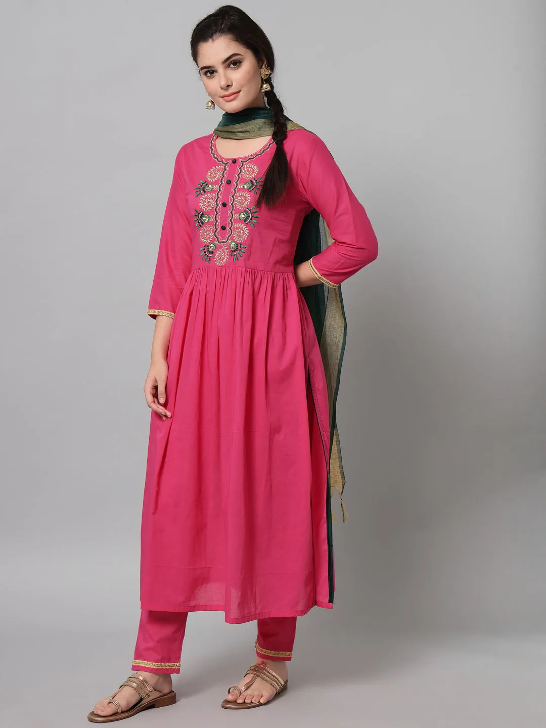 Women Pink Embroidered Kurta Trouser Set With Dupatta