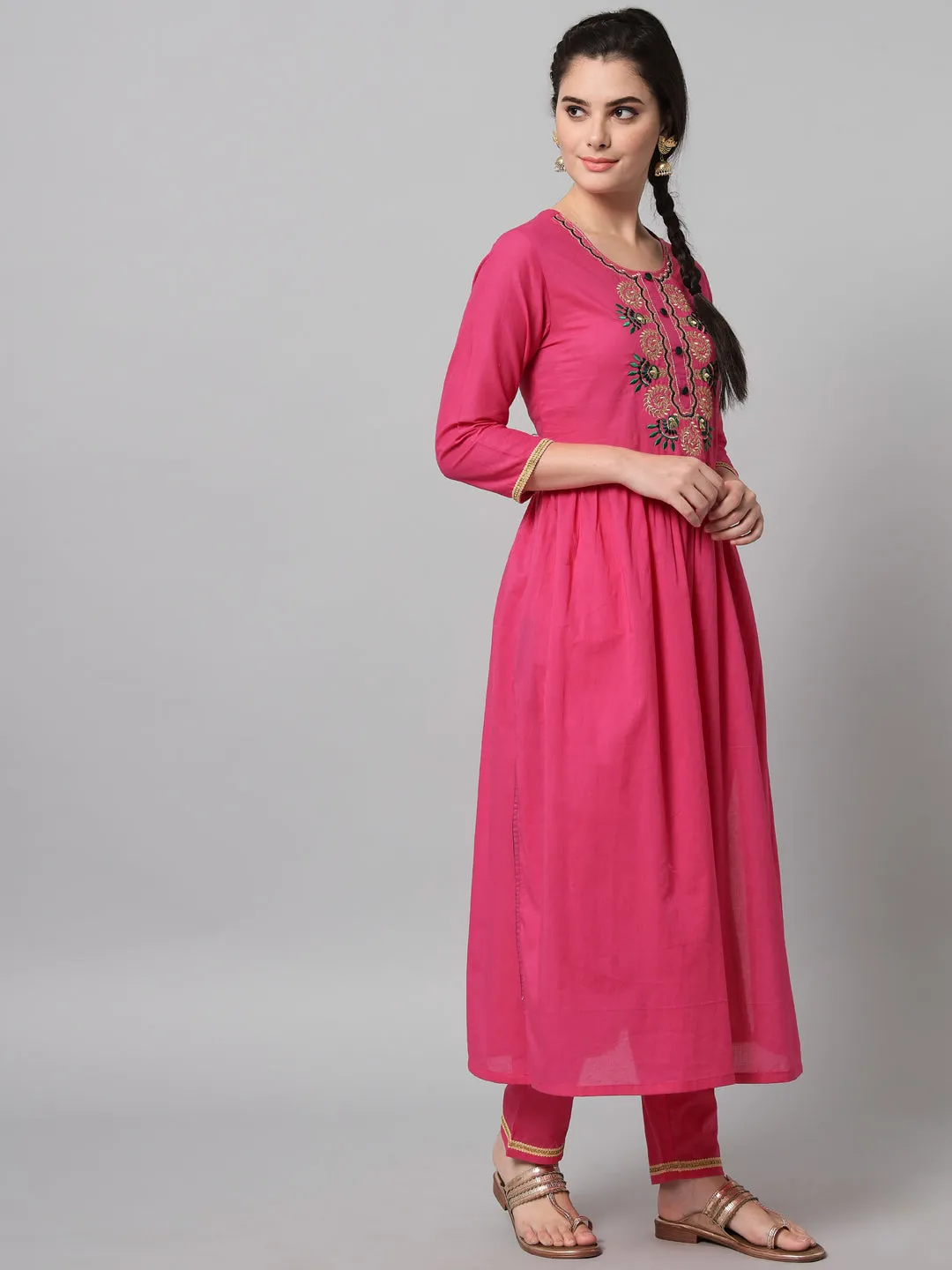 Women Pink Embroidered Kurta Trouser Set With Dupatta
