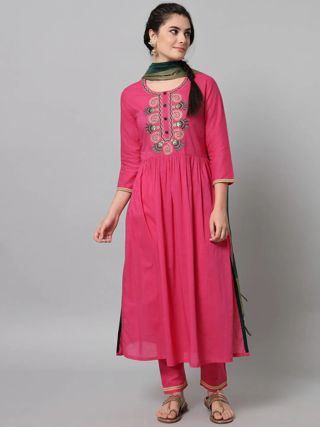 Women Pink Embroidered Kurta Trouser Set With Dupatta