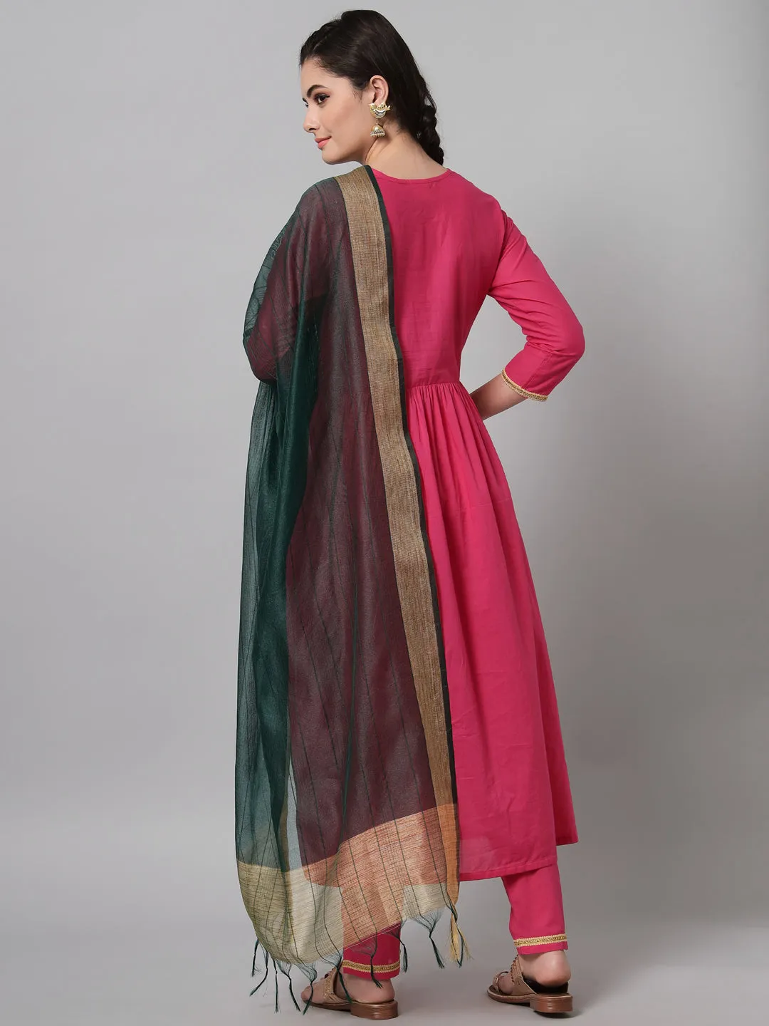 Women Pink Embroidered Kurta Trouser Set With Dupatta