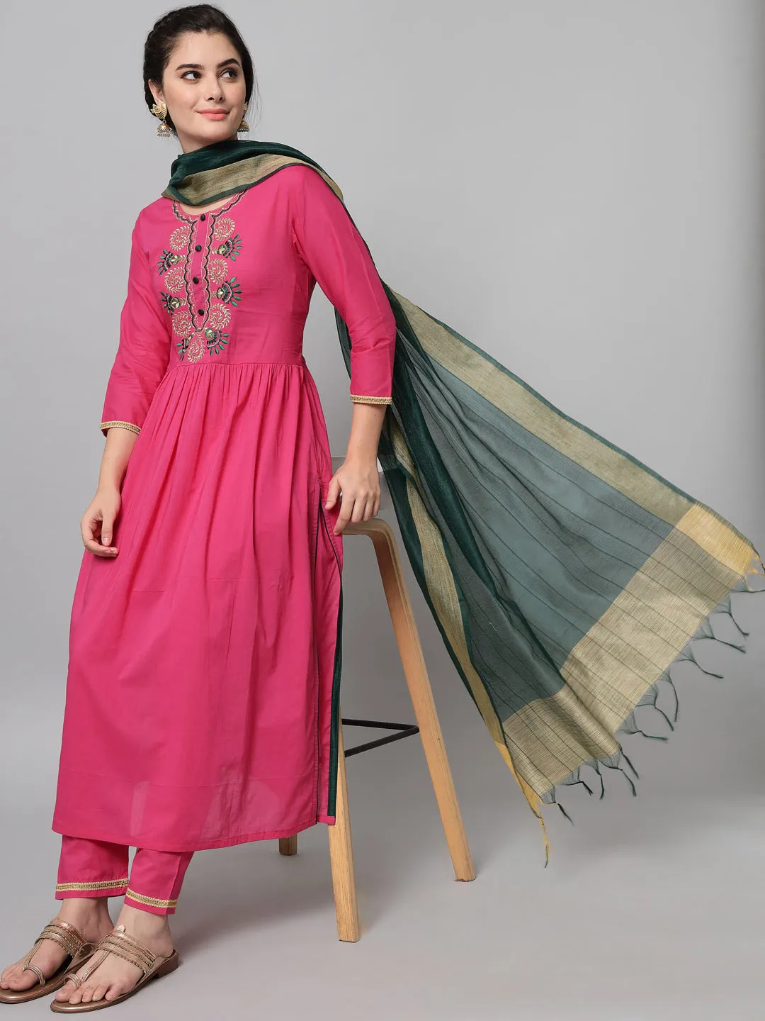 Women Pink Embroidered Kurta Trouser Set With Dupatta